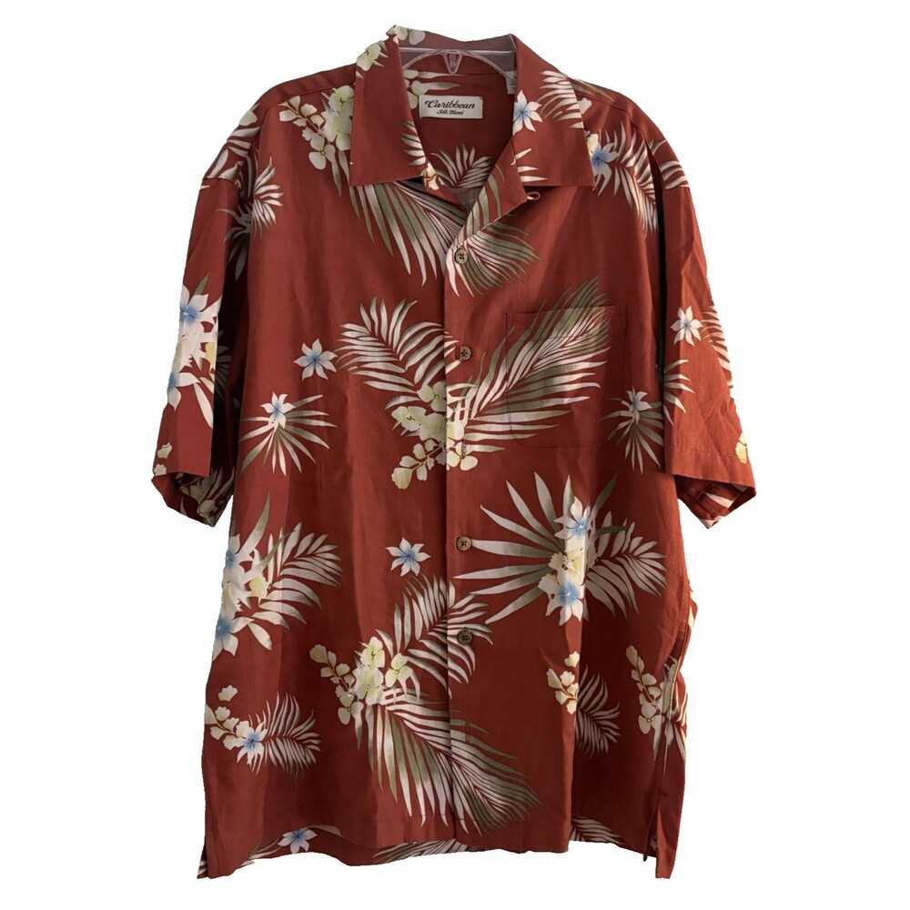 CARIBBEAN Shirt Mens Medium Short Sleeve Camp Hawaiian Silk Blend Floral Tropic
